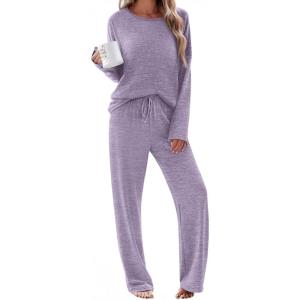 Ekouaer Pajama Set Womens Long Sleeve Sleepwear Pullover Top and Pants Cozy Loungewear Soft Pjs Lounge Set with Pockets S-XXL(Purple)