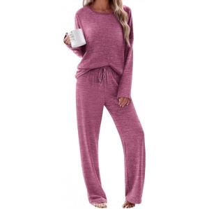 Ekouaer Pajama Set Womens Long Sleeve Sleepwear Pullover Top and Pants Cozy Loungewear Soft Pjs Lounge Set with Pockets S-XXL(Rose Red)