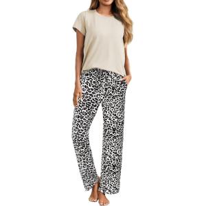 Ekouaer Pajama Sets for Women Round Neck Pjs Short Sleeve Sleepwear with Long Pants Loose Lounge Sets(Apricot Leopard)