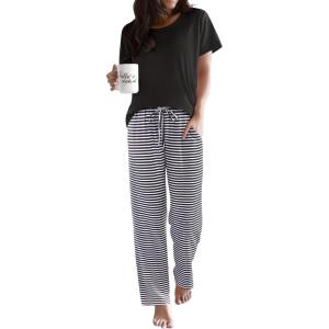 Ekouaer Pajama Sets for Women Round Neck Pjs Short Sleeve Sleepwear with Long Pants Loose Lounge Sets(Black White Striped)
