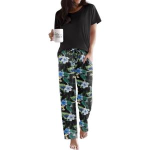 Ekouaer Pajama Sets for Women Round Neck Pjs Short Sleeve Sleepwear with Long Pants Loose Lounge Sets(Black_blue Flower)