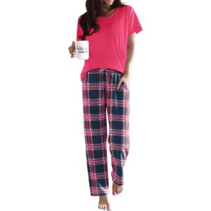 Ekouaer Pajama Sets for Women Round Neck Pjs Short Sleeve Sleepwear with Long Pants Loose Lounge Sets(Black-pink Plaid)