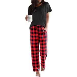 Ekouaer Pajama Sets for Women Round Neck Pjs Short Sleeve Sleepwear with Long Pants Loose Lounge Sets(Black-red Plaid)