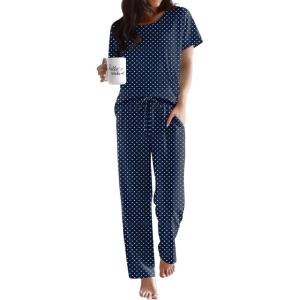 Ekouaer Pajama Sets for Women Round Neck Pjs Short Sleeve Sleepwear with Long Pants Loose Lounge Sets(Blue Polka Dots)