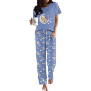 Ekouaer Pajama Sets for Women Round Neck Pjs Short Sleeve Sleepwear with Long Pants Loose Lounge Sets(Blue Teddy Bear)