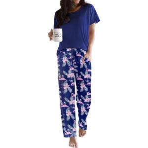 Ekouaer Pajama Sets for Women Round Neck Pjs Short Sleeve Sleepwear with Long Pants Loose Lounge Sets(Blue-navy Flamingo)