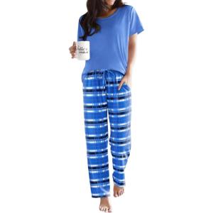 Ekouaer Pajama Sets for Women Round Neck Pjs Short Sleeve Sleepwear with Long Pants Loose Lounge Sets(Blue-white Plaid)