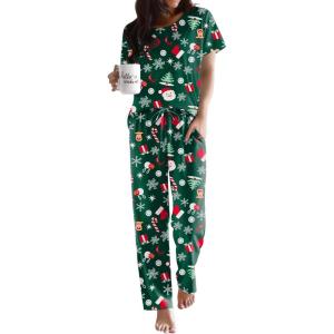 Ekouaer Pajama Sets for Women Round Neck Pjs Short Sleeve Sleepwear with Long Pants Loose Lounge Sets(Green Christmas)