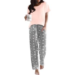 Ekouaer Pajama Sets for Women Round Neck Pjs Short Sleeve Sleepwear with Long Pants Loose Lounge Sets(Grey Star)