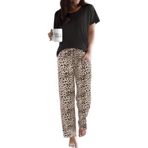 Ekouaer Pajama Sets for Women Round Neck Pjs Short Sleeve Sleepwear with Long Pants Loose Lounge Sets(Leopard)