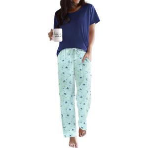 Ekouaer Pajama Sets for Women Round Neck Pjs Short Sleeve Sleepwear with Long Pants Loose Lounge Sets(Navy Blue Star)