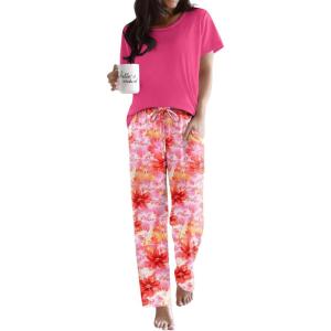 Ekouaer Pajama Sets for Women Round Neck Pjs Short Sleeve Sleepwear with Long Pants Loose Lounge Sets(Pink Flowers)