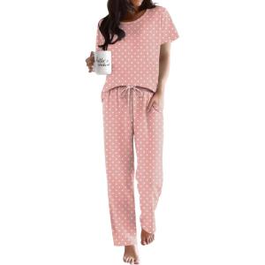 Ekouaer Pajama Sets for Women Round Neck Pjs Short Sleeve Sleepwear with Long Pants Loose Lounge Sets(Pink Polka Dots)