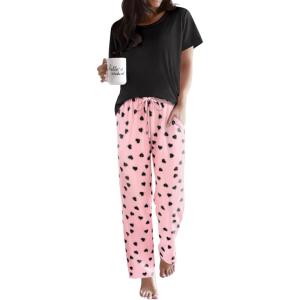 Ekouaer Pajama Sets for Women Round Neck Pjs Short Sleeve Sleepwear with Long Pants Loose Lounge Sets(Pink-black Heart)