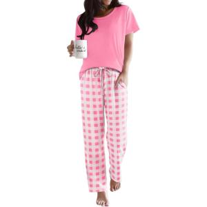 Ekouaer Pajama Sets for Women Round Neck Pjs Short Sleeve Sleepwear with Long Pants Loose Lounge Sets(Pink-white Plaid)