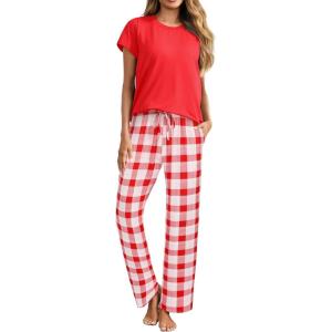 Ekouaer Pajama Sets for Women Round Neck Pjs Short Sleeve Sleepwear with Long Pants Loose Lounge Sets(Red Plaid)