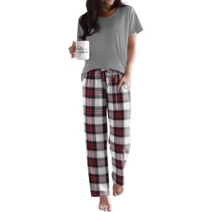 Ekouaer Pajama Sets for Women Round Neck Pjs Short Sleeve Sleepwear with Long Pants Loose Lounge Sets(Wine Red-white Plaid)