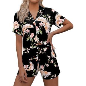 Ekouaer Pajamas Set for Women Short Sleeve Sleepwear Button Down Pjs Soft 2 Piece Lounge Sets XS-XXXL(Black Floral)