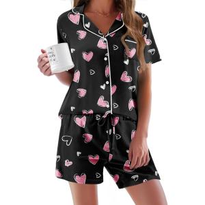 Ekouaer Pajamas Set for Women Short Sleeve Sleepwear Button Down Pjs Soft 2 Piece Lounge Sets XS-XXXL(Black With Pink Hearts)