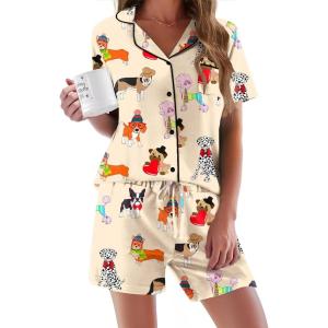 Ekouaer Pajamas Set for Women Short Sleeve Sleepwear Button Down Pjs Soft 2 Piece Lounge Sets XS-XXXL(Champagne Dog Print)