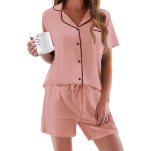 Ekouaer Pajamas Set for Women Short Sleeve Sleepwear Button Down Pjs Soft 2 Piece Lounge Sets XS-XXXL(Dark Pink)