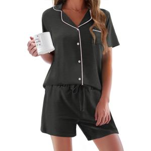 Ekouaer Pajamas Set for Women Short Sleeve Sleepwear Button Down Pjs Soft 2 Piece Lounge Sets XS-XXXL(Deep Flower Gray)
