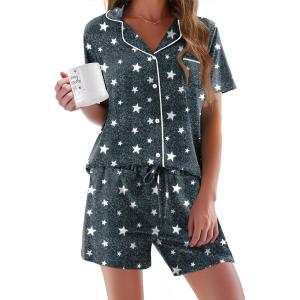 Ekouaer Pajamas Set for Women Short Sleeve Sleepwear Button Down Pjs Soft 2 Piece Lounge Sets XS-XXXL(Gray Star Print)