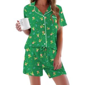 Ekouaer Pajamas Set for Women Short Sleeve Sleepwear Button Down Pjs Soft 2 Piece Lounge Sets XS-XXXL(Green Christmas Deer)