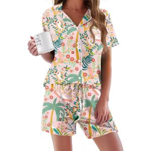 Ekouaer Pajamas Set for Women Short Sleeve Sleepwear Button Down Pjs Soft 2 Piece Lounge Sets XS-XXXL(Pink Floral Print)