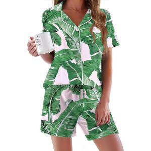 Ekouaer Pajamas Set for Women Short Sleeve Sleepwear Button Down Pjs Soft 2 Piece Lounge Sets XS-XXXL(Pink Leaves)