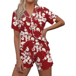 Ekouaer Pajamas Set for Women Short Sleeve Sleepwear Button Down Pjs Soft 2 Piece Lounge Sets XS-XXXL(Red Floral)