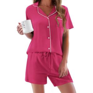 Ekouaer Pajamas Set for Women Short Sleeve Sleepwear Button Down Pjs Soft 2 Piece Lounge Sets XS-XXXL(Rose Red)