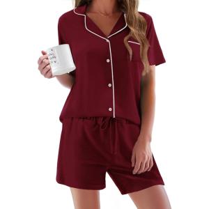 Ekouaer Pajamas Set for Women Short Sleeve Sleepwear Button Down Pjs Soft 2 Piece Lounge Sets XS-XXXL(Wine Red)
