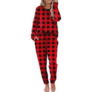 Ekouaer Pajamas Women’s Long Sleeve Sleepwear with Long Pants Soft Loungewear Pj Set S-XXL(Black and Red Plaid)