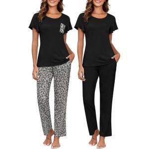 Ekouaer Pajamas for Women Set 2 Piece Comfy Loungewear, Lightweight Pjs Sleepwear, Short Sleeve Top & Long Pants with Pockets(Black+leopard Print)