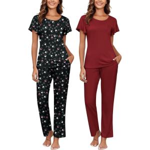 Ekouaer Pajamas for Women Set 2 Piece Comfy Loungewear, Lightweight Pjs Sleepwear, Short Sleeve Top & Long Pants with Pockets(Cups+wine Red)
