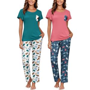 Ekouaer Pajamas for Women Set 2 Piece Comfy Loungewear, Lightweight Pjs Sleepwear, Short Sleeve Top & Long Pants with Pockets(Dogs+cats)