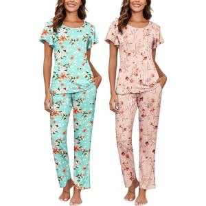 Ekouaer Pajamas for Women Set 2 Piece Comfy Loungewear, Lightweight Pjs Sleepwear, Short Sleeve Top & Long Pants with Pockets(Green Flowers+beige Flowers)