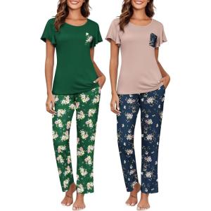 Ekouaer Pajamas for Women Set 2 Piece Comfy Loungewear, Lightweight Pjs Sleepwear, Short Sleeve Top & Long Pants with Pockets(Lotus Color Floral+green Floral)