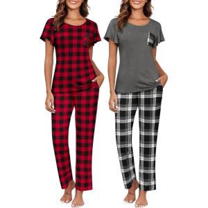Ekouaer Pajamas for Women Set 2 Piece Comfy Loungewear, Lightweight Pjs Sleepwear, Short Sleeve Top & Long Pants with Pockets(Red Plaid+black Plaid)