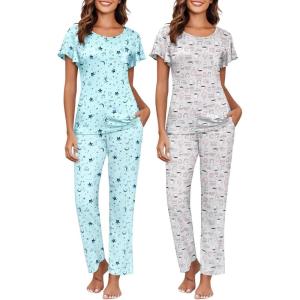 Ekouaer Pajamas for Women Set 2 Piece Comfy Loungewear, Lightweight Pjs Sleepwear, Short Sleeve Top & Long Pants with Pockets(Star+cup)