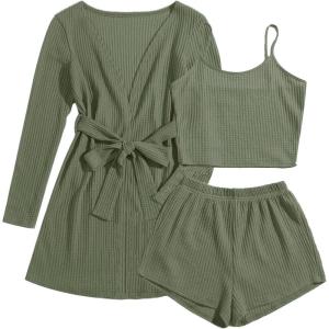 Ekouaer Pajamas for Women Set 3 Piece Lounge Set Soft Pajama Sets Waffle Knit Tank Top and Shorts Cardigan with Pockets S-XXL(Army Green)
