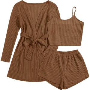 Ekouaer Pajamas for Women Set 3 Piece Lounge Set Soft Pajama Sets Waffle Knit Tank Top and Shorts Cardigan with Pockets S-XXL(Brown)