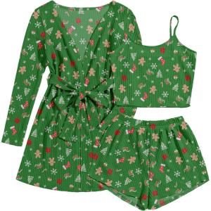 Ekouaer Pajamas for Women Set 3 Piece Lounge Set Soft Pajama Sets Waffle Knit Tank Top and Shorts Cardigan with Pockets S-XXL(Green Christmas Pattern)