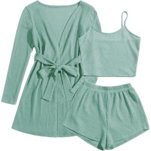 Ekouaer Pajamas for Women Set 3 Piece Lounge Set Soft Pajama Sets Waffle Knit Tank Top and Shorts Cardigan with Pockets S-XXL(Grey Green)
