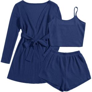 Ekouaer Pajamas for Women Set 3 Piece Lounge Set Soft Pajama Sets Waffle Knit Tank Top and Shorts Cardigan with Pockets S-XXL(Navy Blue)