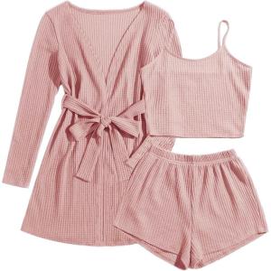 Ekouaer Pajamas for Women Set 3 Piece Lounge Set Soft Pajama Sets Waffle Knit Tank Top and Shorts Cardigan with Pockets S-XXL(Pink)