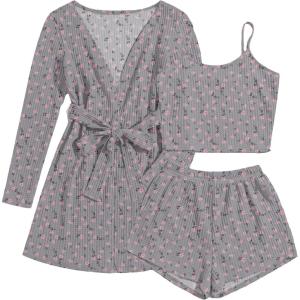 Ekouaer Pajamas for Women Set 3 Piece Lounge Set Soft Pajama Sets Waffle Knit Tank Top and Shorts Cardigan with Pockets S-XXL(Pink Flower)