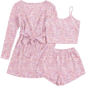 Ekouaer Pajamas for Women Set 3 Piece Lounge Set Soft Pajama Sets Waffle Knit Tank Top and Shorts Cardigan with Pockets S-XXL(Pink Tie Dye)
