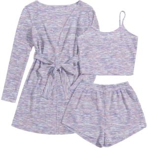 Ekouaer Pajamas for Women Set 3 Piece Lounge Set Soft Pajama Sets Waffle Knit Tank Top and Shorts Cardigan with Pockets S-XXL(Purple Tie Dye)